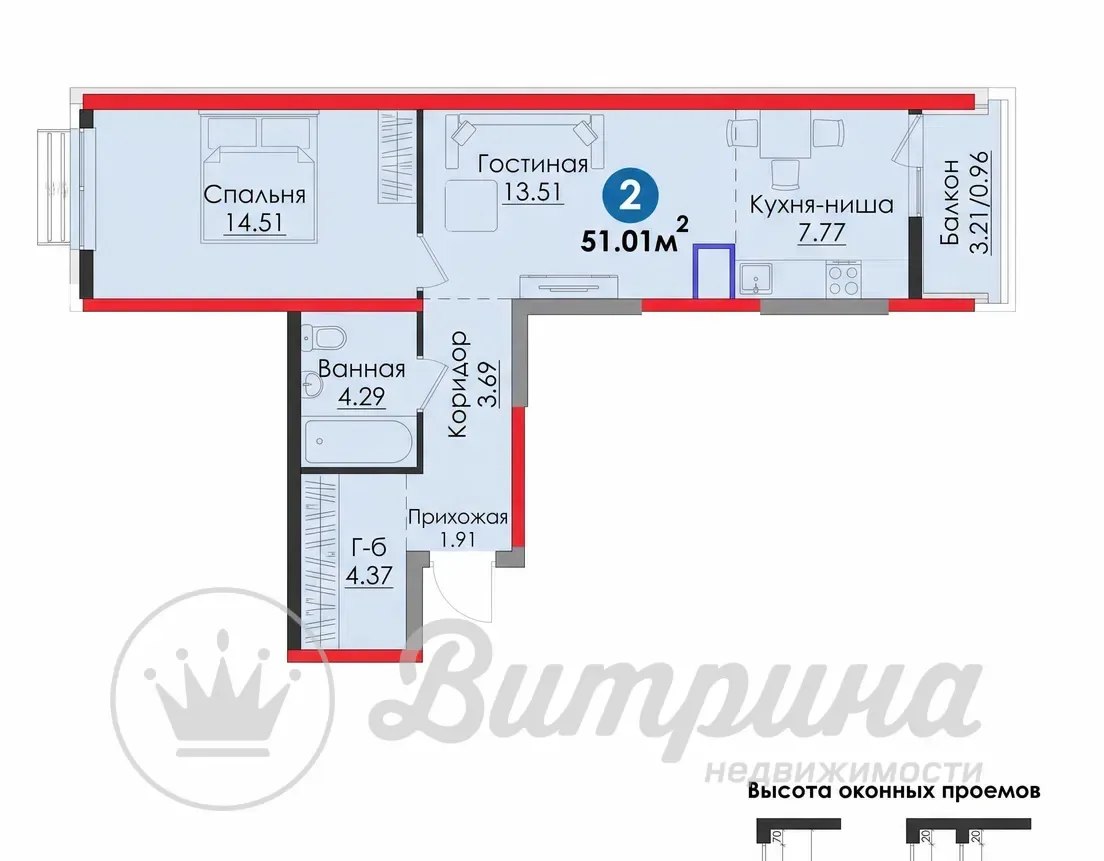 2-комн. квартира, 51 м² — фото 1