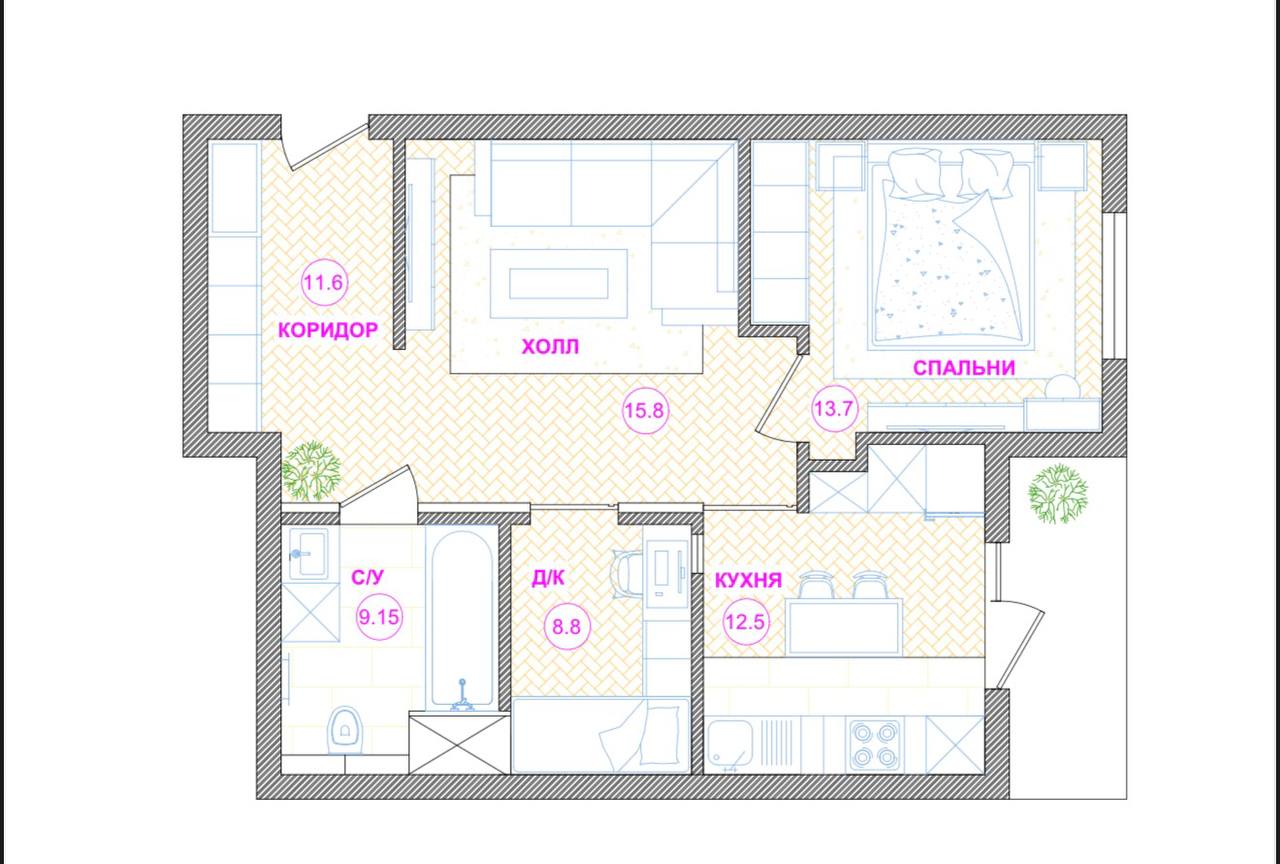 2-комн. квартира, 55 м² — фото 1