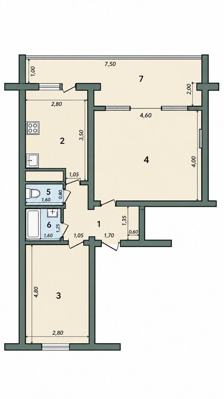2-комн. квартира, 74 м² — фото 1