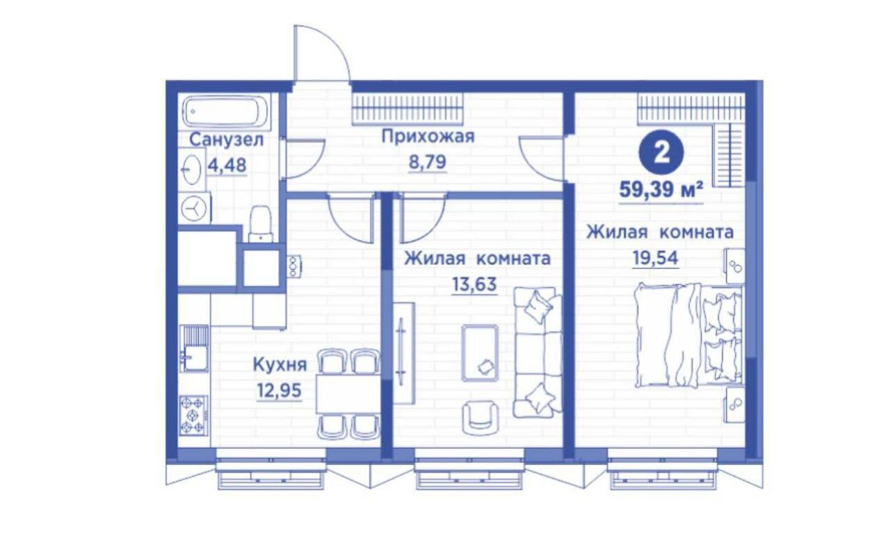 2-комн. квартира, 62 м² — фото 1