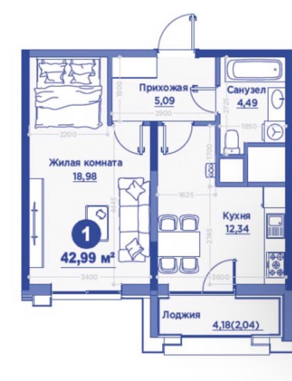 1-комн. квартира, 42 м² — фото 1